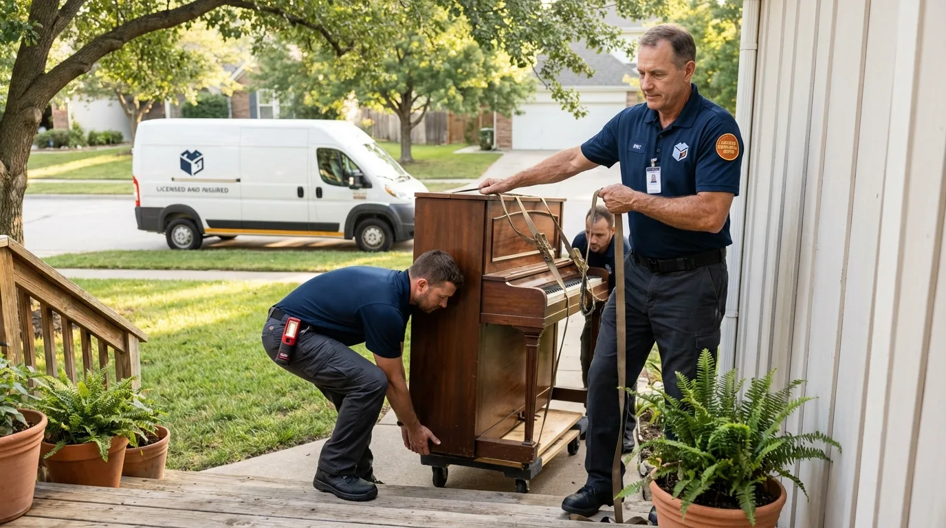 Licensed piano movers securing grand piano in Tonawanda, NY