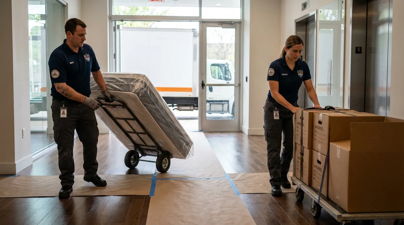 Professional apartment movers loading elevator in Tonawanda, NY